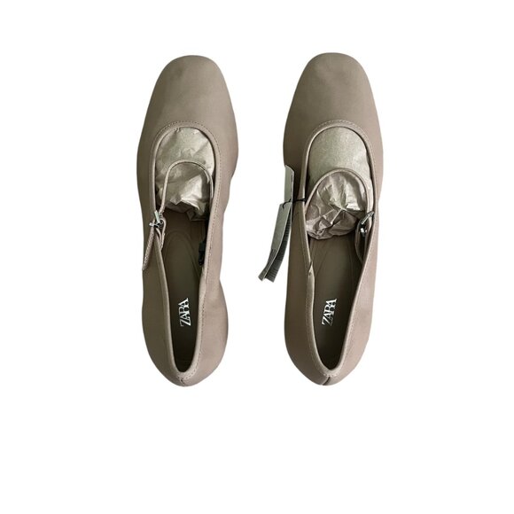 Zara Leather Beige Brown Pumps Mary Jane Style Size 10 Block Heel, Buckled Strap - Picture 3 of 9